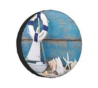 Spare Tire Cover Nautical Lifebuoy On Old Blue Wooden Marine Style Life Ring Boat Starfish Conch Shells Wheel Protectors Weatherproof Wheel Covers Universal Fit for Trailer RV SUV Camper Travel 17"