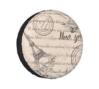 Spare Tire Cover Vintage Faded Text Stamps Eiffel Tower Lettering Paris On Beige Travel France French Wheel Protectors Weatherproof Wheel Covers Universal Fit for Trailer RV SUV Camper Travel 15"