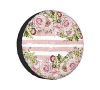 Spare Tire Cover Watercolor Floral Pink Rose Green Leaves And Flowers Vine Pastel Color Stripes Wheel Protectors Weatherproof Wheel Covers Universal Fit for Trailer RV SUV Truck Camper Travel 14"