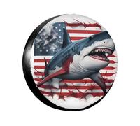 Spare Tire Cover Waterproof Wheel Cover Ocean Animal Ferocious Shark American Flag 15 Inch Protector Dust-Proof Universal Fit for for Truck SUV Trailer Camping RV Vehicle