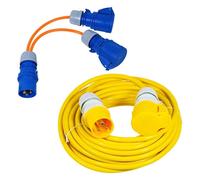 Spares2Go 16A Extension Lead 14M 110V 1.5mm Extra Long Yellow Power Cable + 2 X 16 Amp Splitter Kit