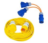 Spares2Go 16A Extension Lead 14M 110V 2.5mm Heavy Duty Yellow Power Cable + 2 X 16 Amp Splitter Kit