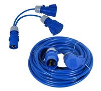 Spares2Go 16A Extension Lead 14M 240V 1.5mm Extra Long Blue Power Cable + 2 X 16 Amp Splitter Kit
