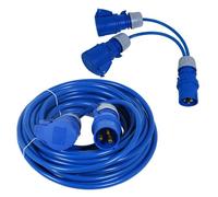 Spares2Go 16A Extension Lead 14M 240V 2.5mm Heavy Duty Blue Power Cable + 2 X 16 Amp Splitter Kit