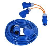SPARES2GO 16A Extension Lead 14m Heavy Duty 240V 2.5mm Blue Power Cable + 2 x 16 Amp Splitter Kit
