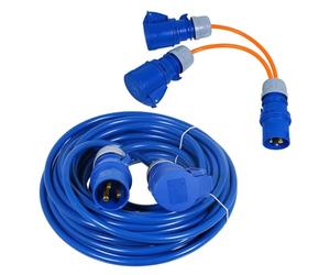 SPARES2GO 16A Extension Lead 14m Heavy Duty 240V 2.5mm Blue Power Cable + 2 x 16 Amp Splitter Kit
