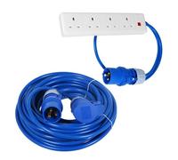 Spares2Go 16A Hook Up Extension Lead 14M 240V 1.5mm + 4 Gang Way 13A 1M 3-Pin Mains Adapter