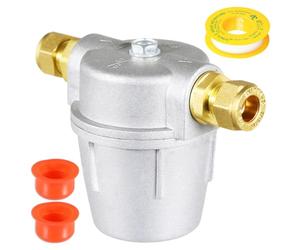 SPARES2GO Boiler Filter 3/8" Aluminium Inline Central Heating Oil Fired Fuel Strainer Bowl + PTFE Tape + 2 x 10mm Compression Connectors