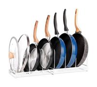 Spares2go Expandable Pan Pot Rack Extendable Dual Use Kitchen Storage Organiser with Adjustable Dividers (White)