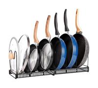 Spares2go Expandable Pan Pot Rack Extendable Dual Use Kitchen Storage Organiser with Adjustable Dividers (Black)