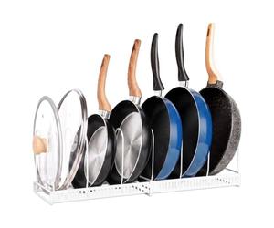 Spares2go Expandable Pan Pot Rack Extendable Dual Use Kitchen Storage Organiser with Adjustable Dividers (White)