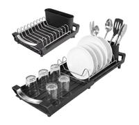 Spares2go Expandable Stainless Steel Dish Drainer Drying Sink Rack (Black) | Compact Size with Adjustable Extendable 295mm-490mm Length and Removable Cutlery Holder, Ideal for Kitchens and Small Spaces