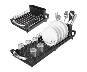 Spares2go Expandable Stainless Steel Dish Drainer Drying Sink Rack (Black) | Compact Size with Adjustable Extendable 295mm-490mm Length and Removable Cutlery Holder, Ideal for Kitchens and Small Spaces