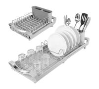 Spares2go Expandable Stainless Steel Dish Drainer Drying Sink Rack (Grey) | Compact Size with Adjustable Extendable 295mm-490mm Length and Removable Cutlery Holder, Ideal for Kitchens and Small Spaces