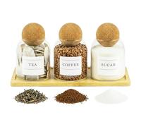 Spares2go Glass Jar Canisters with Cork Ball Lids Tea Coffee Sugar Containers + Wooden Stand + Labels (Set of 3, 500ml Capacity)