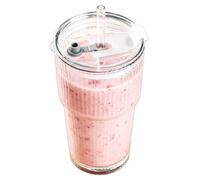 Spares2go Glass Tumbler with Straw and Lid Thick Clear Ribbed 3-in-1 Cup (600ml Capacity)