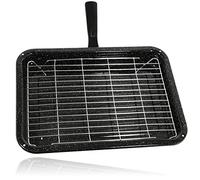 SPARES2GO Universal Oven Grill Pan Small Medium Rack & Handle (Non-Stick) | Vitreous Enamelled Scratch Resistant Tray with Dense Coating, Complete Set with Stand