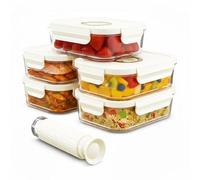 Spares2go Vacuum Food Storage Glass Containers with Securing Clips Lids (Pack of 5, Large, 1480ml) + Manual Sealing Pump