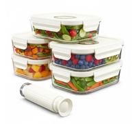 Spares2Go Vacuum Food Storage Glass Containers With Securing Clips Lids (Pack Of 5, Medium, 1040Ml) + Manual Sealing Pump
