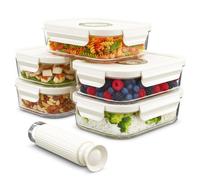 Spares2Go Vacuum Food Storage Glass Containers With Securing Clips Lids (Pack Of 5, Small, 630Ml) + Manual Sealing Pump