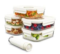 Spares2go Vacuum Food Storage Glass Containers with Securing Clips Lids (Pack of 5, Small, 630ml) + Manual Sealing Pump