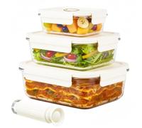 Spares2go Vacuum Food Storage Glass Containers with Securing Clips Lids (Small, Medium, Large) + Manual Sealing Pump