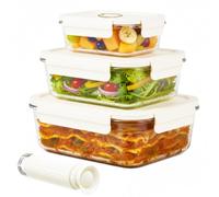 Spares2Go Vacuum Food Storage Glass Containers With Securing Clips Lids (Small, Medium, Large) + Manual Sealing Pump