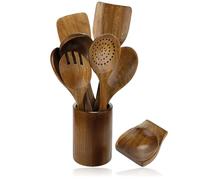 SPARES2GO Wooden Kitchen Utensil Set 7 piece Teak Spoons Spatulas Salad Fork Non-Scratch Non-Stick Wood for Wok