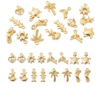 Sparkeads 16 pcs Ocean Theme Brass Cubic Zirconia Pendants Golden Fishbone Turtle Charms Shell Seahorse Dangle Charms for Necklace Earring Bracelet DIY Jewelry Making