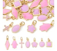 Sparkeads 21Pcs Pink Mixed Shape Brass Enamel Charms Bulk Flat Round Cross Pendants Hamsa Hand of Miriam Charm with Jump Ring Smooth Metal Dangle Charms for Bracelets DIY Jewelry Making Supplies