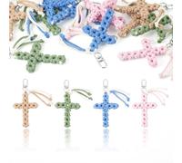 Sparkeads 4pcs Handmade Woven Braided Cotton Macrame Cross Keychain Making Charms Crucifix Key Chains Rings Pendants Hanging Dangles with Swivel Lobster Claw Clasp for DIY Easter Crafts Bag Backpack