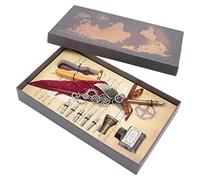 SparkFeng Feather Pen Ink Set, Vintage Dip Pen Set with Brass Base, Smoother Writing Quill Pen Featuring Natural Goose Feather and 5 Replacement Nibs for Calligraphy Practice