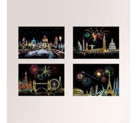 Sparking Creativity in Kids Enjoy this Unique 4Pcs DIY Scratch Painting Collection Featuring Urban Landscapes at Dusk ()