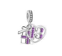 Sparking Gift Box 13 Birthday Love Heart Dangle Charm fits Pandora Charms Bracelets Celebration Bead February Purple Birthstone CZ