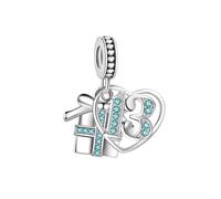 Sparking Gift Box 13 Birthday Love Heart Dangle Charm fits Pandora Charms Bracelets Celebration Bead December Blue Birthstone CZ