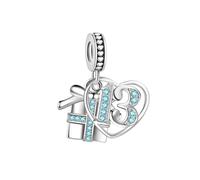 Sparking Gift Box 13 Birthday Love Heart Dangle Charm fits Pandora Charms Bracelets Celebration Bead March Blue Birthstone CZ