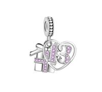 Sparking Gift Box 13 Birthday Love Heart Dangle Charm fits Pandora Charms Bracelets Celebration Bead June Purple Birthstone CZ