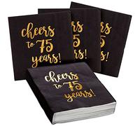 Sparkle and Bash 75th Birthday Paper Cocktail Napkins - 5 x 5 In, 3-Ply, Black & Gold -Pack of 50 - Cheers to 75 Years Foil Print - 75th Anniversary Napkins & Decor
