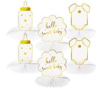 Sparkle and Bash Hello Sweet Baby Honeycomb Table Centerpieces for Gender Neutral Baby Shower Table Decorations - 6-Pack, 3 Designs White & Gold Foill
