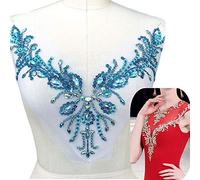Sparkle Beaded V-Neck Blue AB Color Sew On Neckline Sequin Rhinestones Crystal Trim Bridal Applique Design Patch Sewing for Wedding Dresses DIY Craft 12x15 Inch (Light Blue)
