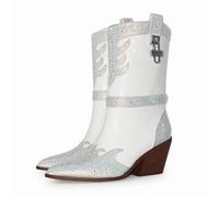 Sparkle Rhinestone Cowboy Boots for Women Mid Calf Western Wide Calf Short Cowgirl Boots Fashion Pointed Toe Glitter Bling Pull on Zipper Chunky Boots Retro Classic Wedding Party, White, 4.5 UK
