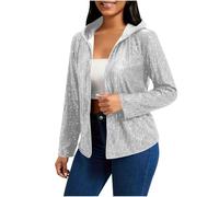 Sparkle Sequin Hoodies for Women Glitter Long Sleeve Open Front Tops Casual Hooded Shirts Shimmer Sequined Cardigan Lightweight Jacket Hoody Carnival Mardigras Festival Fete Parade Silver