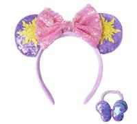 Sparkle Sequin Mouse Ears Headbands for Kids, Purple Mouse Ears Bow Headband and Sequin Bow Hair Tie, Cosplay Party Headband for Girls Princess Party Accessories
