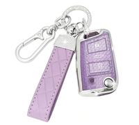 SparkleJoy Car Key Cover，Sparkle Car Key Case with Leather Keychain Fit for VW Volkswagen Passat B8 Golf 7 Tiguan T-Cross Polo CC Seat Leon Ibiza Skoda Superb Kodiaq Key, - Flip Key (Purple)
