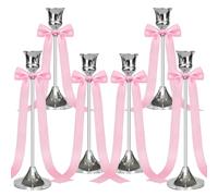 SparkleJoy Set of 6 Silver Metal Candle Holders with Pink Bow - Multi Height Modern & Vintage Candlestick Holders for Wedding, Christmas Table Decoration, Home Decor Centrepiece Gift(Silver,6)