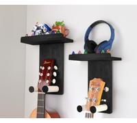 Sparklenut Guitar Wall Mount with Shelf, 2Pack Multifunctional Wooden Guitar Holder Hanger Hook, Wall Rack Bracket Stand for Electric Guitar Bass Acoustic Ukulele Violin Mandolin Black