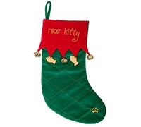 SPARKLES Nice Kitty Christmas Stocking 42cm Xmas Green & Red Fabric Pet Cat Gift Present With Jingle Bells Fish Shape Decorations Hanging Sock For Treats Toys