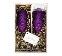 Sparkleware ® Sparkling Purple Champagne Glass Flutes, Set of 2 Hand Crafted Glasses with Box - Elegant Glassware for Women and Men