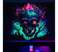 SparkLia Blacklight Fire Skull Tapestry, UV Reactive Burning Skeleton Horror Wall Hanging, Glow in the Dark Scary Dark Forest Surreal Artwork Wall Tapestries Halloween Decor for Bedroom, Living Room