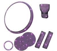 Sparkling Car Interior Kit Including Steering Wheel Cover, Gear Lever Dust Cover, Rhinestone Seat Belt Covers, Cup Coasters and One Button Start Ring in Purple